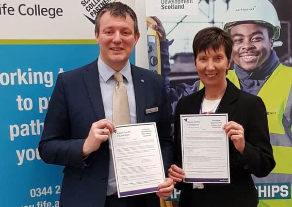 Iain Hawker, Assistant Principal, Fife College and Heather Tytler, Area Manager, Skills Development Scotland, launch the new scholarship to support apprentices at Fife College
