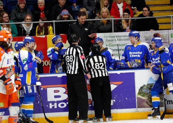 Fife Flyers head coach Todd Dutiaume debates with the officials in a game versus Sheffield Steelers (Pic: Steve Gunn)