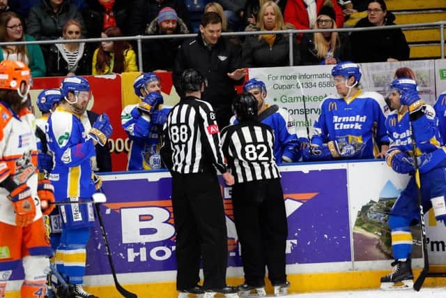 Fife Flyers head coach Todd Dutiaume debates with the officials in a game versus Sheffield Steelers (Pic: Steve Gunn)