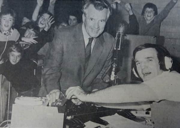 Fife Free Press 1973 - Radio1 DJ Alan 'Fluff' Freeman broadcasts live from the Argos Centre.Over 200 people turned up to see him, and he was welcomed b y Provost John Kay (pictured)