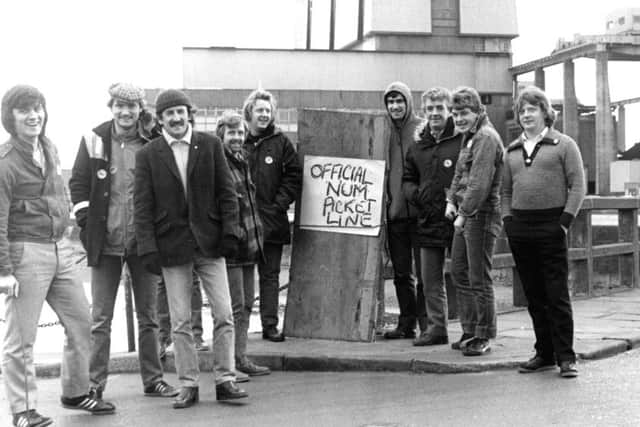 Official picket line early on in the miners' strike at the former Methil Power Station .
