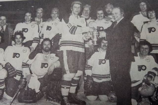 Fife Flyers - 1976, Les Lovell receives the Skol Trophy from Ian Crichton, area representative from the sponsors.