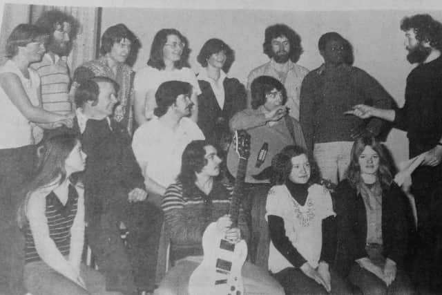 Kirkcaldy 1977 - Festival of Faith. Pictured is Eric Morgan, producer of two rock musicals, with Kirkcaldy Technical College theatre group ahead of their performances.