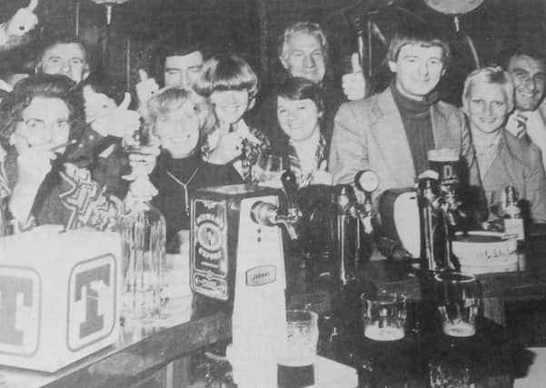 Penny Farthing, Kirkcaldy - 1977 - regulars toast the arrival of Sunday opening