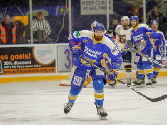 Danick Gauthier had an eventful night for Fife Flyers with a fight, and a goal in the penalty shoot-out, earning him the fans man of the match award. Pic: Jillian McFarlane
