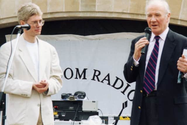 The first Kingdom FM roadshow at Pittenweem. From left: John Murray and NE Fife MP Menzies Campbell. Pic: John Murray.