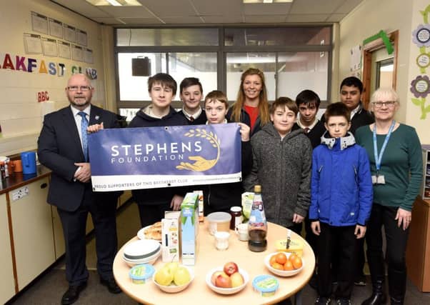 Rector Neil McNeil, Stephens Foundation trustee Talia Sarafilovic, Jackie Killin from pupil support & pupils