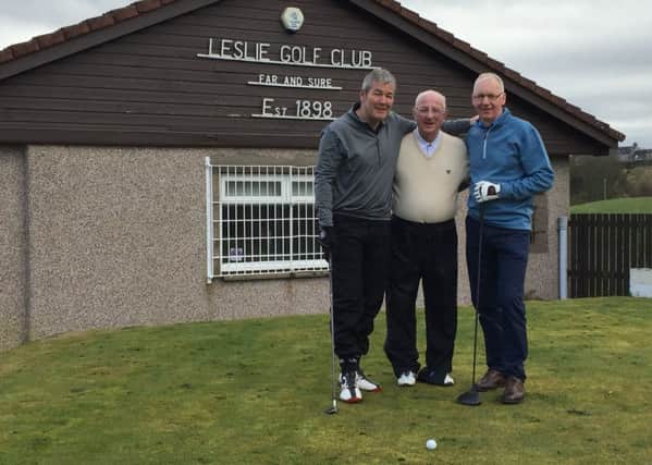 The Official opening of the 2019 golf season at Leslie.  The picture is of Club Captain George Arnott, along with Committee Members Richard Wood and Gordon