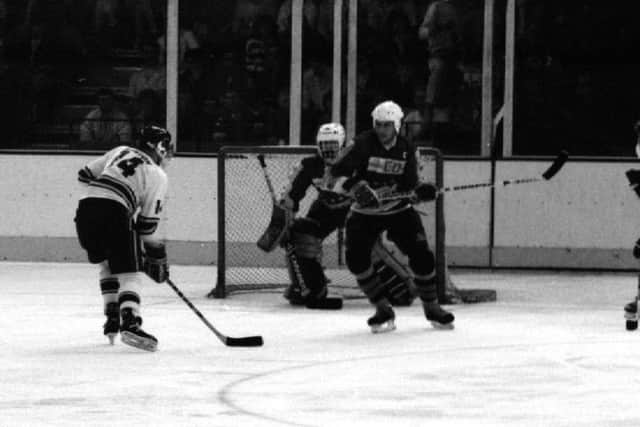 Fife Flyers at the British championship finals, Wembley, late 1980s - on the puck is Andy Linton (Pic: Bill Dickman/.Fife Free Press)