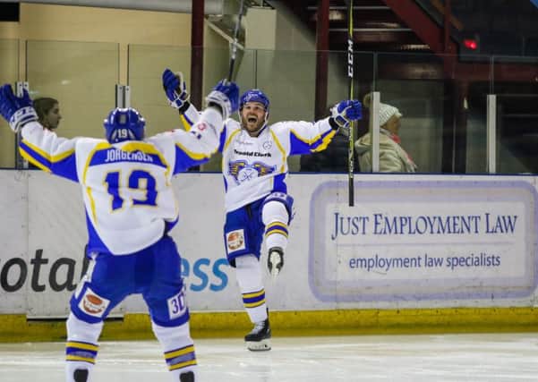 Carlo Finucci scores the overtime winner for Fife Flyers in the 2018 play-off quarter-final against Manchester Storm. Pic: Mark Ferris