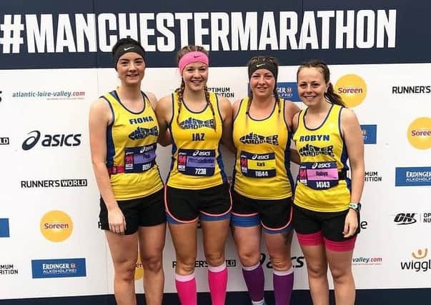 Fiona Cruickshanks, Jasmin Hay, Karli Hay and Robyn Mcdonald at Manchester Marathon.