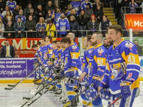 Fife Flyers players line-up before the play-off quarter-final first leg against Nottingham Panthers. Pic: Jillian McFarlane