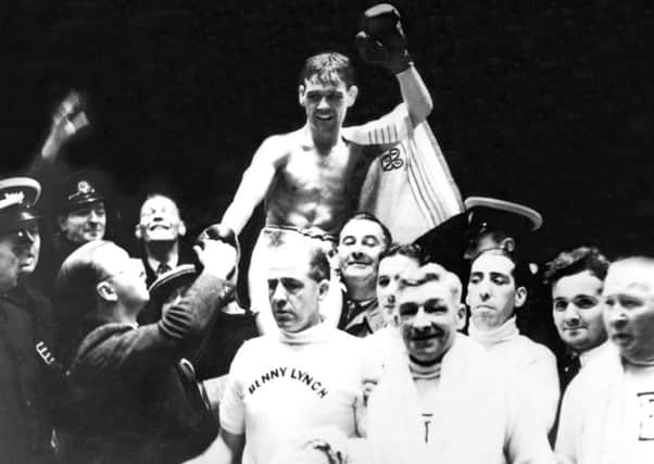 A triumphant Benny Lynch is carried off shoulder high after a fight at Shawfield, Glasgow. The World Flyweight Champion boxer beat Peter Kane by knockout.