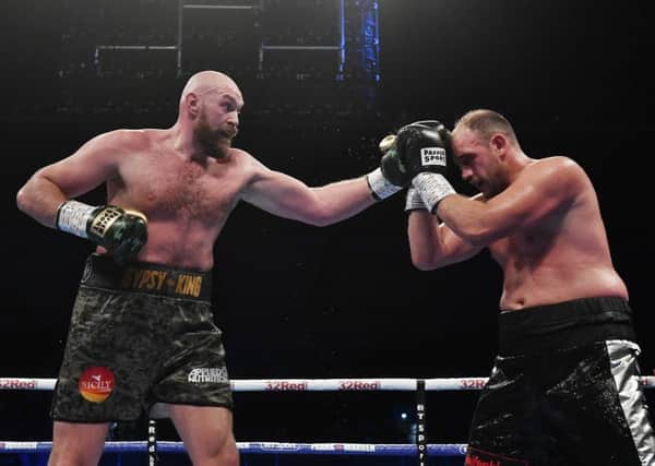 Tyson Fury and Francesco Pianeta during their 10-round heavyweight contest  in Belfast (Photo by Charles McQuillan/Getty Images)