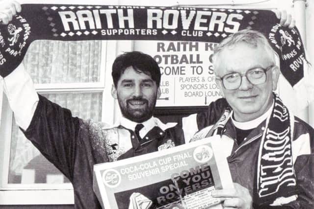 Kirkcaldy ministers Rev Peter MacDonald, Torbain Parish Church (left) and Brian Tomlinson, Abbosthall Church offer divine support for Raith Rovers at the 1994 Coca Cola Cup final versus Celtic