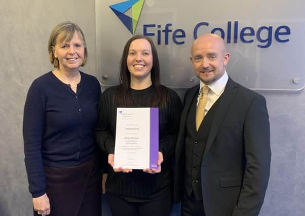 Pictured are, from left, Sheila Boyd, director of Care, Social Sciences and Education at Fife College, Steph Rook and Dr Andy Dalziell.