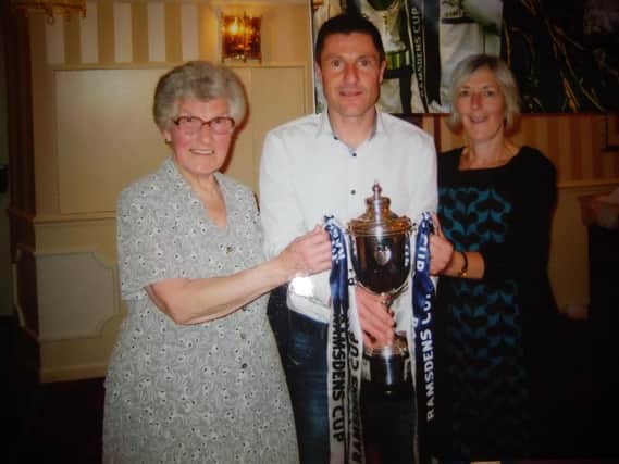 Jane O'Harrow (left) with Raith manager Grant Murray after the Ramsdens Cup win in 2014, along with long-standing friend Amanda Graham.
