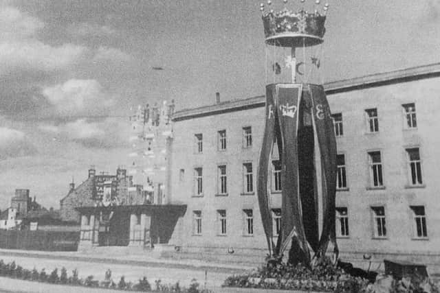 Kirkcaldty Town Square 1953 - decorated for coronation of The Queen