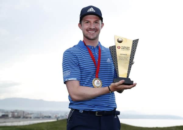 Connor Syme  poses with the trophy during day four of the Turkish Airlines Challenge at Samsun Golf Club. (Photo by Luke Walker/Getty Images)