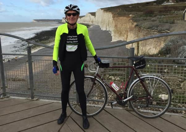 Steve is pictured getting ready for his big ride at Beachy Head, Sussex.