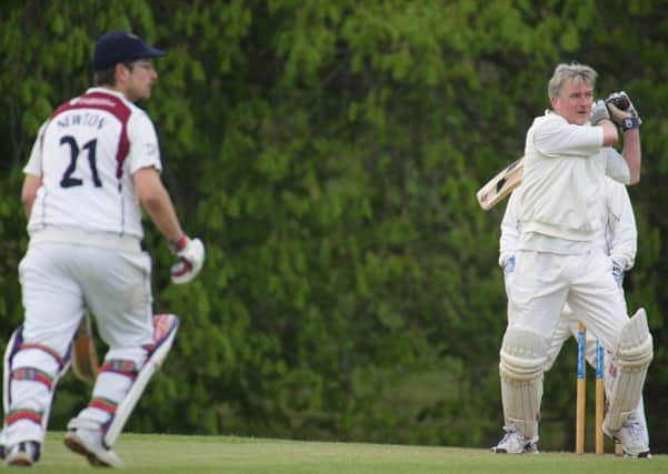 StAUSCC Captain Stan Frankland (right) and James Crooks (left) during their partnership against Falkland 2nd XI. Photo credit A Haines
