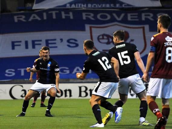 Dave McKay (left) scores the goal that gives Raith Rovers hope for the second leg. Pic: Fife Photo Agency