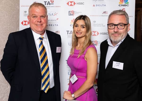 Leviton, Glenerothes, wins transatlantic growth award. From left: Andy Sharkey, Senior Sales Director for Northern Europe, Chloe Barnard, Territory Account Manager & Pete Gough, UK & Ireland Sales Director