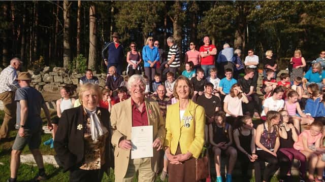 Banchory Stonehaven AC coach Willy Russell gets BEM at Alexander Park, Banchory. Pictured: Sandra Russell, Willy Russell and Carol Kinghorn, the Lord Lieutenant of Kincardineshire.