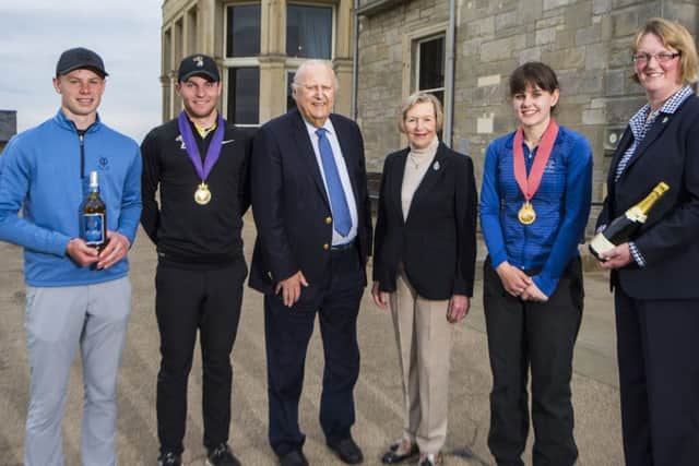 Ben Caton (mens runner-up), John Paterson (mens winner), Sir Michael Bonallack and Lady Bonallack, Ellen Caton (womens winner) and Claire Hargan (womens runner-up). Picture by Alan Richardson.