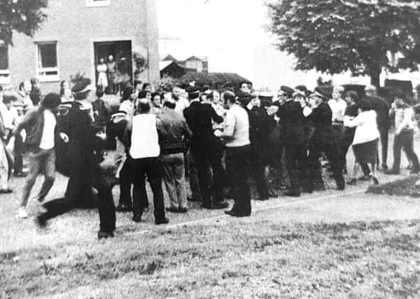 Scuffles break out between police and striking miners who were taking part in a march in Kirkcaldy in August 1984.