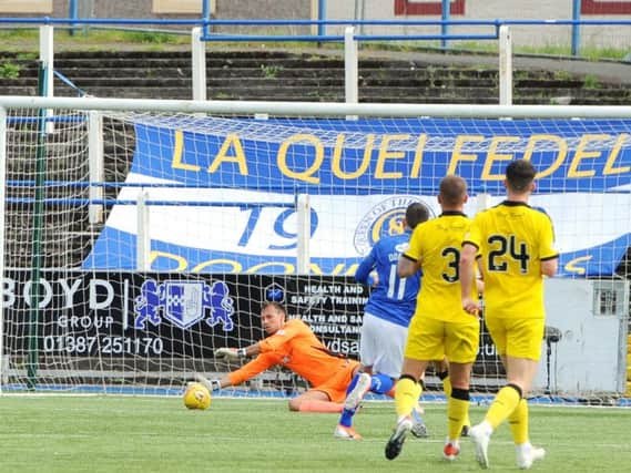 Dean Lyness makes a save during Raith's Championship play-off final 2nd leg at Queen of the South. Pic: Fife Photo Agency