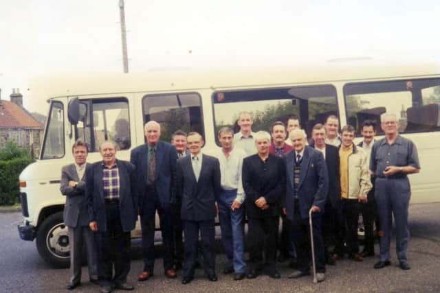 The Gunner Club Kirkcaldy members off to Tennent's Brewery in Glasgow.

President Johnny Matthew, third left, and secretary Jim Paul, far right