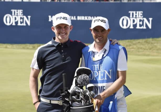 Connor Syme, pictured with caddy Tim Poyser, qualified for the Open Championship in 2017 and is on his way back to the major.