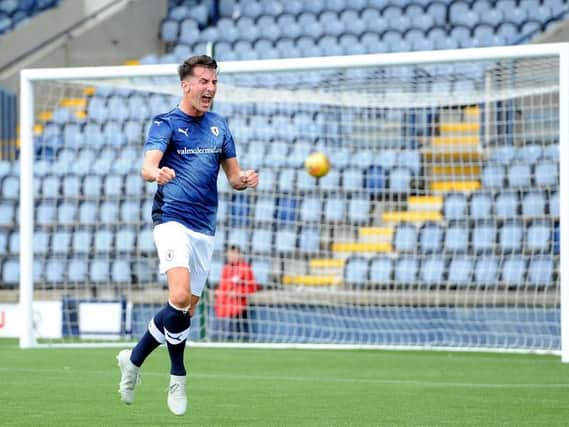 Grant Anderson celebrates after opening the scoring for Raith Rovers in the friendly win over Spartans. Pic: Fife Photo Agency