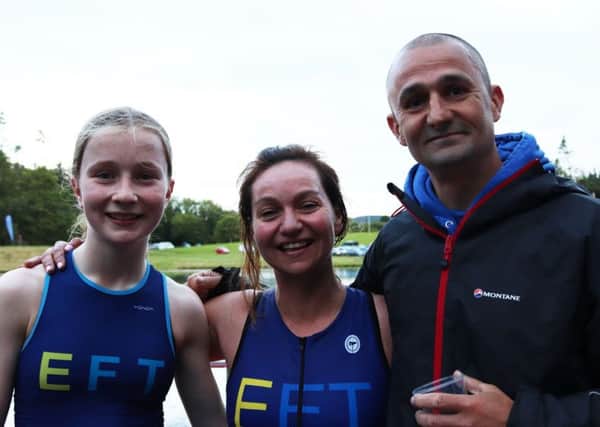Libby Smith, Elise Methven and Eck Anderson at the Foxlake triathlon Pic by IMac Images.