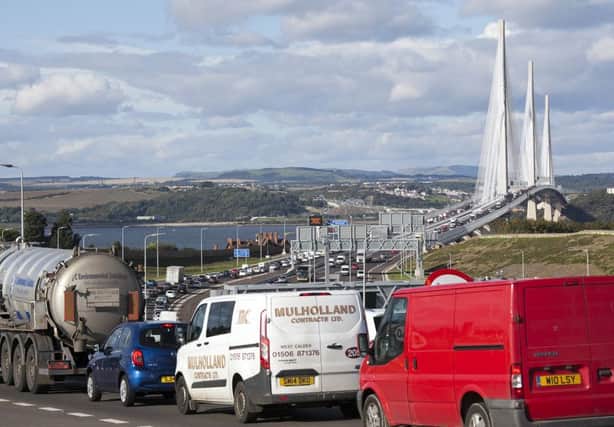Traffic queuing on the Queensferry Crossing.