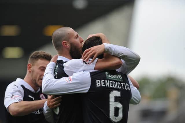 Raith _ Qos 12 Sept 15 Starks Park Kirkcaldy.Kyle Benedictus celebrates.
