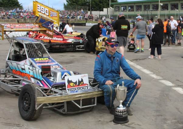 Gordon Moodie (Windygates) with World Final trophy he won last year waiting to greet the fans prior to the start of the Skegness meeting -
