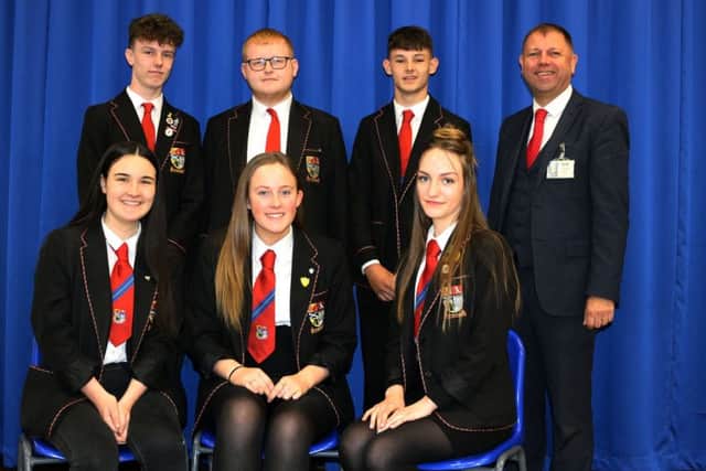 Senior pupils at St Andrew's RC High School with headteacher Patrick Callaghan.