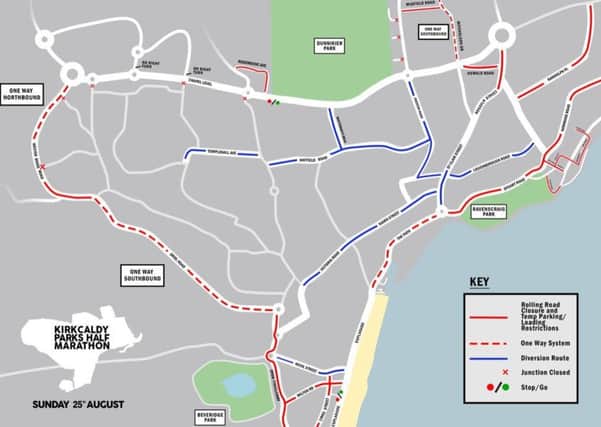 The map, produced by event organiser, Kirkcaldy Parks Half Marathon,  shows the planned road closures and traffic disruptions.