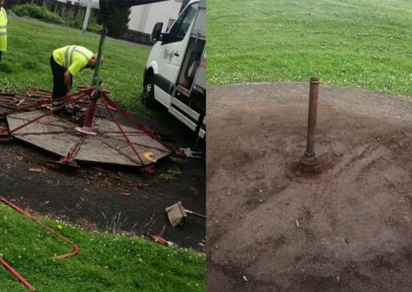 Fife Council workers dismantle the roundabout at Caskieberran Park, and the metal pole left behind.