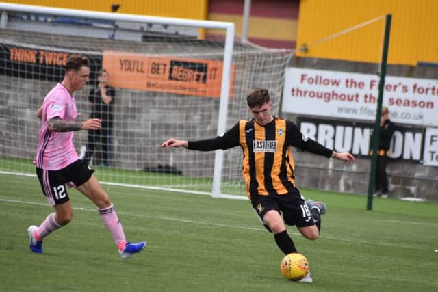 Daniel Church clears his lines for the Fifers during his debut at the weekend. Pic by Kenny Mackay.