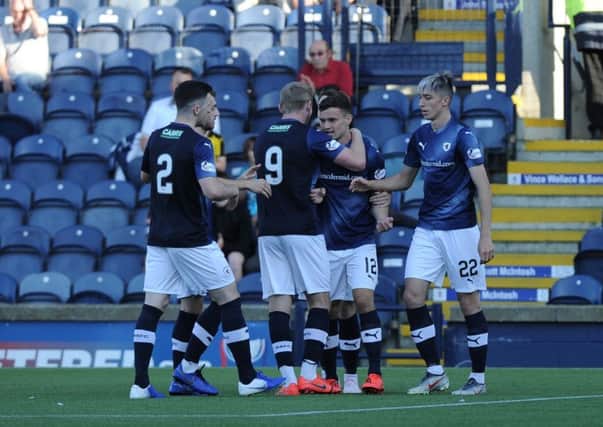 Raith players celebrate Kieron Bowie's first senior goal against Peterhead in the Betfred Cup. Pic: George McLuskie