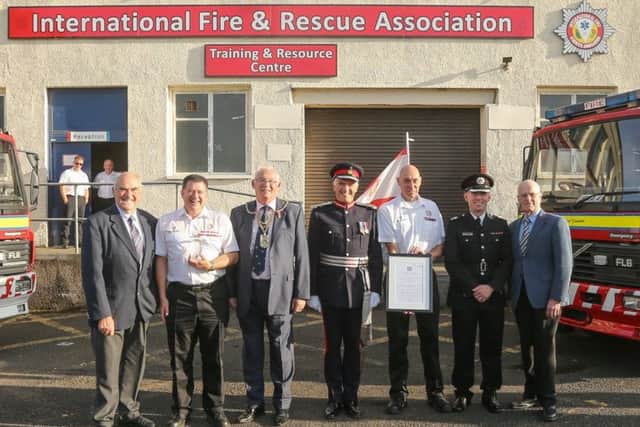 IFRA receives its Queen's Award from Robert Balfour, Lord-Lieutenant, with Provost Jim Leishman, , David Kay IFRA director; Fire Chief Roddie Keith, Cllr Ross Vettraino and former Deputy Lieutenant Graham Bennet
