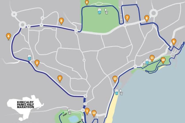 The route map showing the mile markers as well as the water stations (which are approximate) and toilet stops for this Sunday's Kirkcaldy Parks Half Marathon.