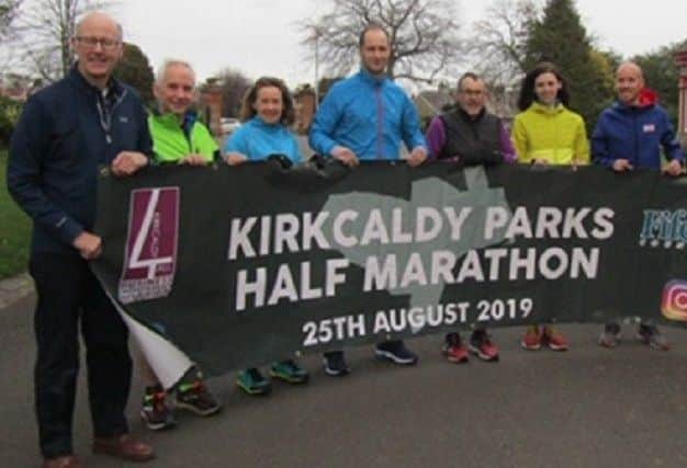 Kirkcaldy Half Marathon - Organisers unveiling the banner earlier this year for the 2019 race event in Beveridge Park.