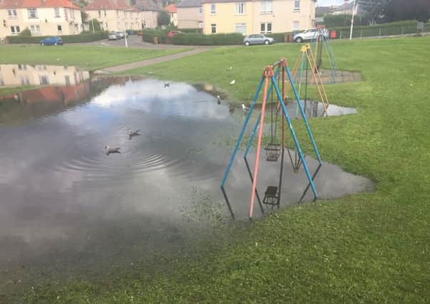 The flooded play park concerned is bounded by Kirkton Road, Broomhill Avenue and Dick Crescent in Burntisland.