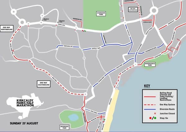 The map, produced by the event organisers for Kirkcaldy Parks Half Marathon, shows the planned road closures and traffic disruptions.