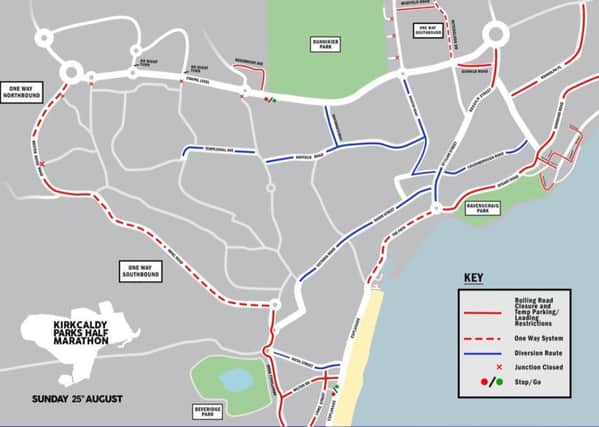 The map, produced by the event organisers for  Kirkcaldy Parks Half Marathon,  shows the planned road closures and traffic disruptions.