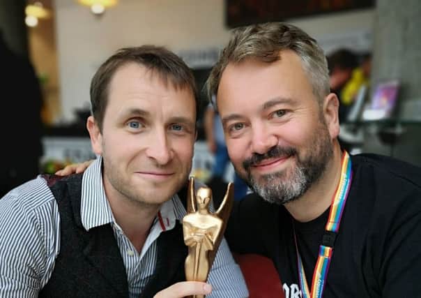 David Colvin and Tom Freeman with the Herald Angel Award for their play Thunderstruck which premiered at Dunfermline's Outwith Festival